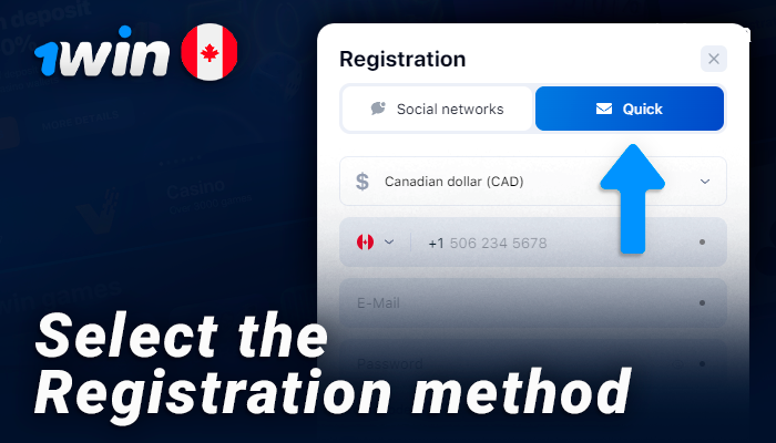 Selecting the method of registration on the 1Win