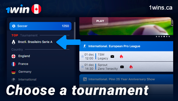Choose a tournament for betting on the 1Win website