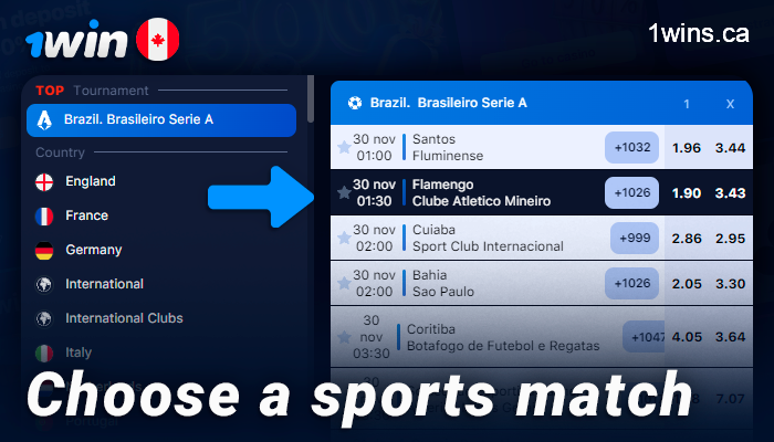 Pick a match to bet on at 1Win