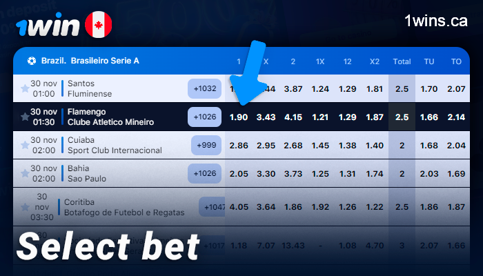 Choose your bet on the 1Win match and odds